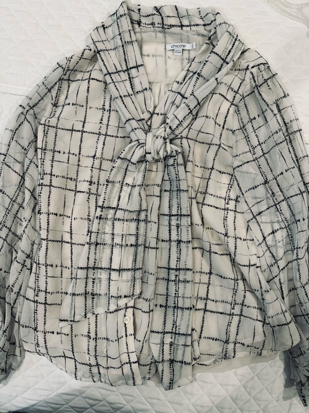 INC International Concepts Cream and Black Plaid Tie-Neck Blouse